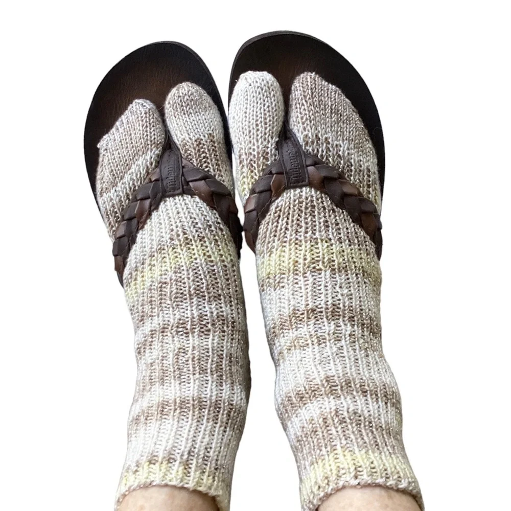 Socks Hand Crafted Ankle Flip Flop Tan Cream Silver Tan Knit Boho Eclectic